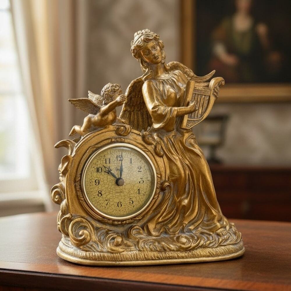 Vintage Crosa Angel Cherub Mantel Clock Gold Quartz Lyre Harp Table Decor 10”